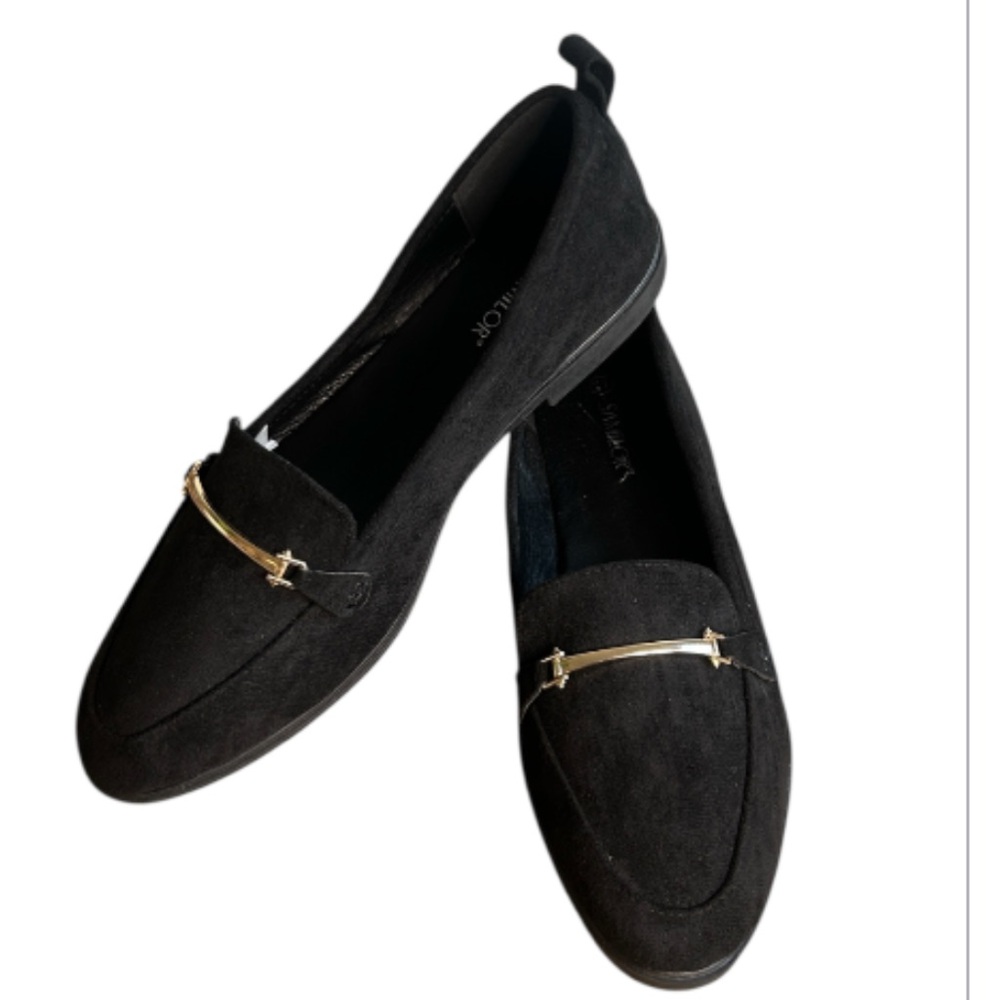 Black Suede Loafers with Gold Accent - Women